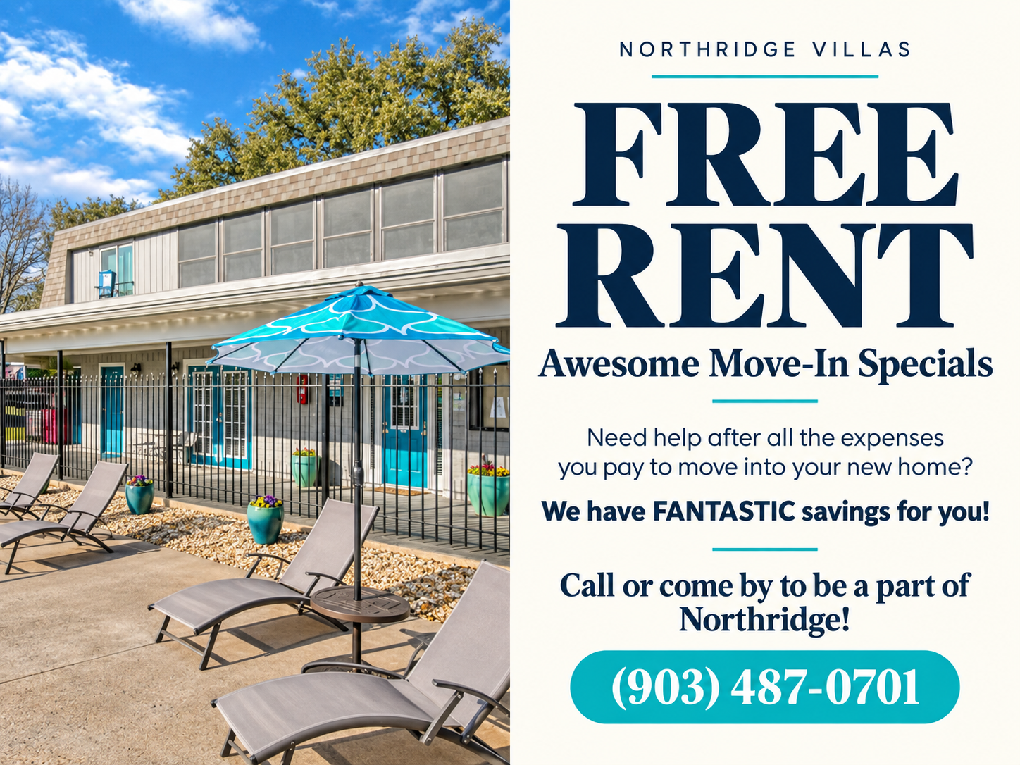 Free rent and move-in specials at Northridge Villas. Call 903-487-0701.